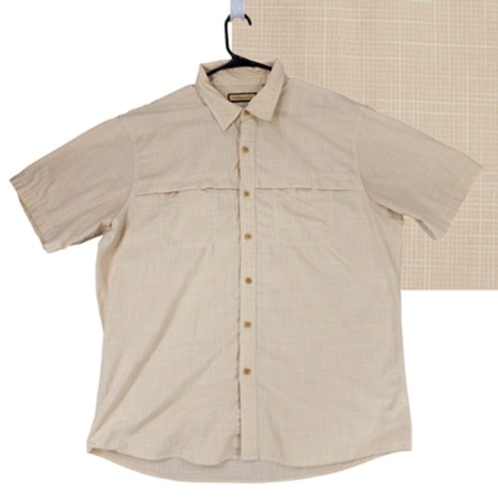 GH Bass XL Mens Short Sleeve‎ Button Up Shirt Beige Tan Mesh Shoulder Polycotton